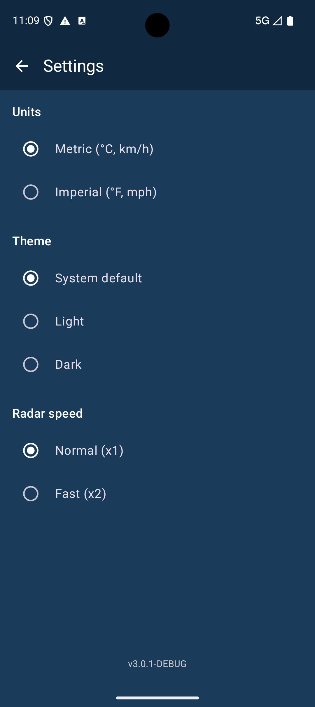 Settings screen