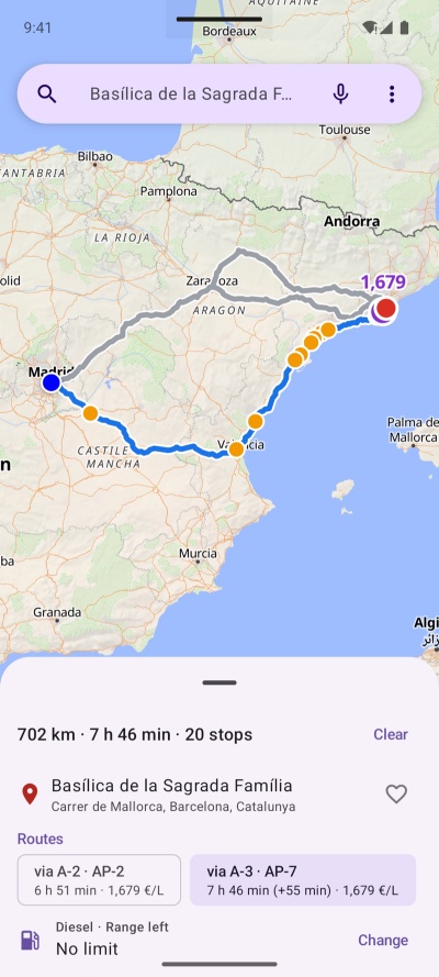 Alternative routes compared on time and fuel price
