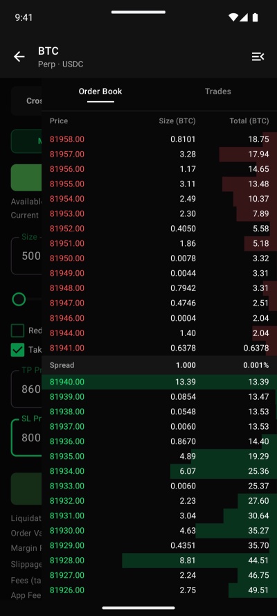 Live order book for BTC