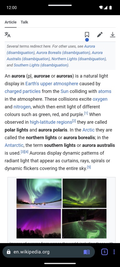 sBrowser 5.0 showing a Wikipedia article, with the address bar at the bottom