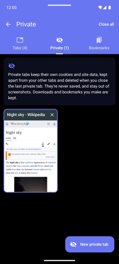 The Private section of the Tabs page