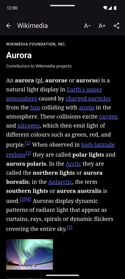 Reader view of a Wikipedia article