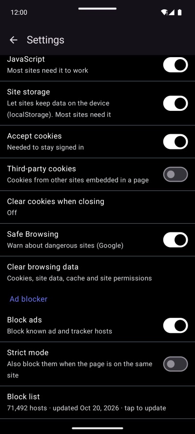 Privacy and ad blocker settings