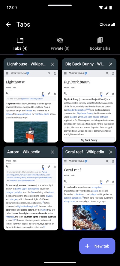The Tabs & bookmarks page with four open tabs