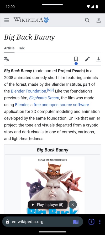 The Play in player chip on a page with an embedded film