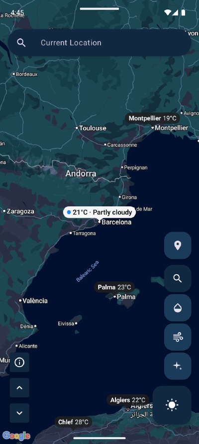 The weather map with labels for the centre and the main cities
