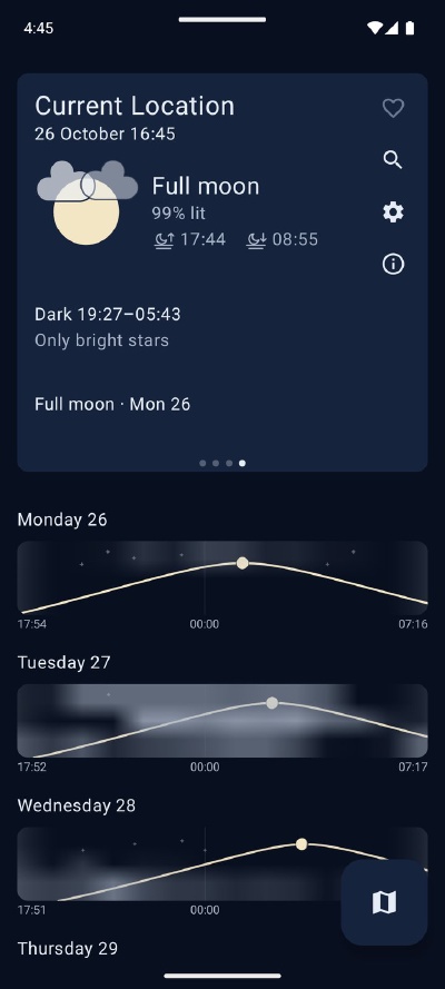 The Night page: the moon, the dark hours and the stars for each night