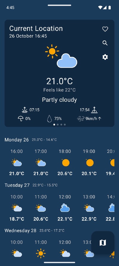 Weekly Weather 4.0: the weather card with each day's hours below