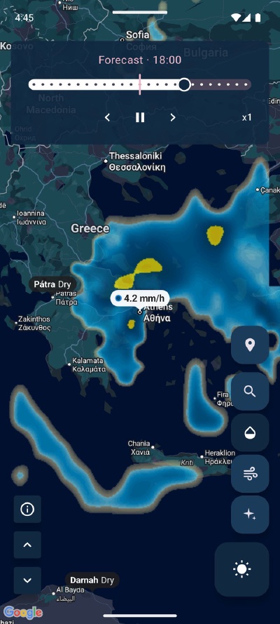 Forecast rain over Athens on the radar timeline